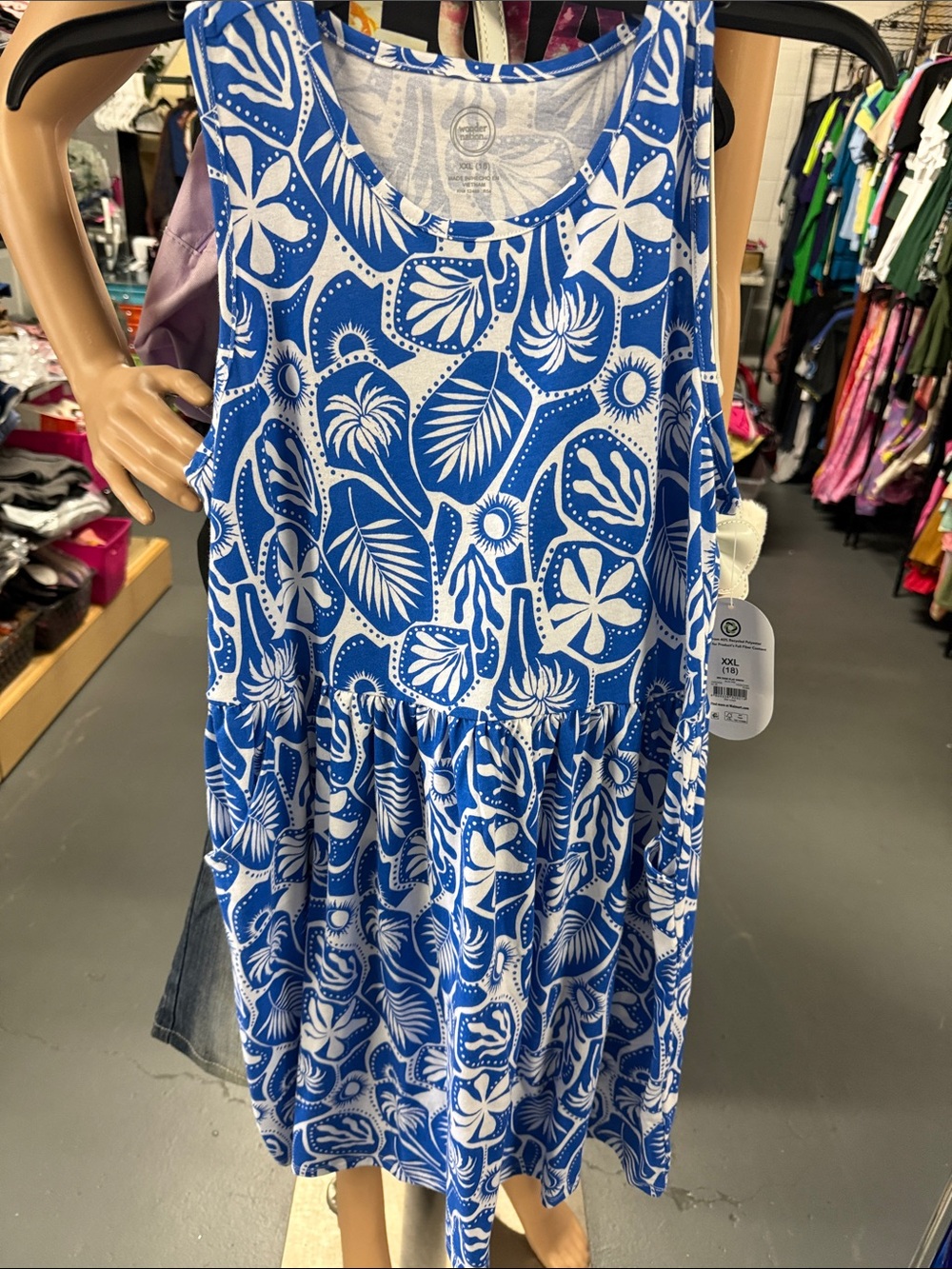 wonder nation Blue and White Tropical Print Girls' Casual Dress